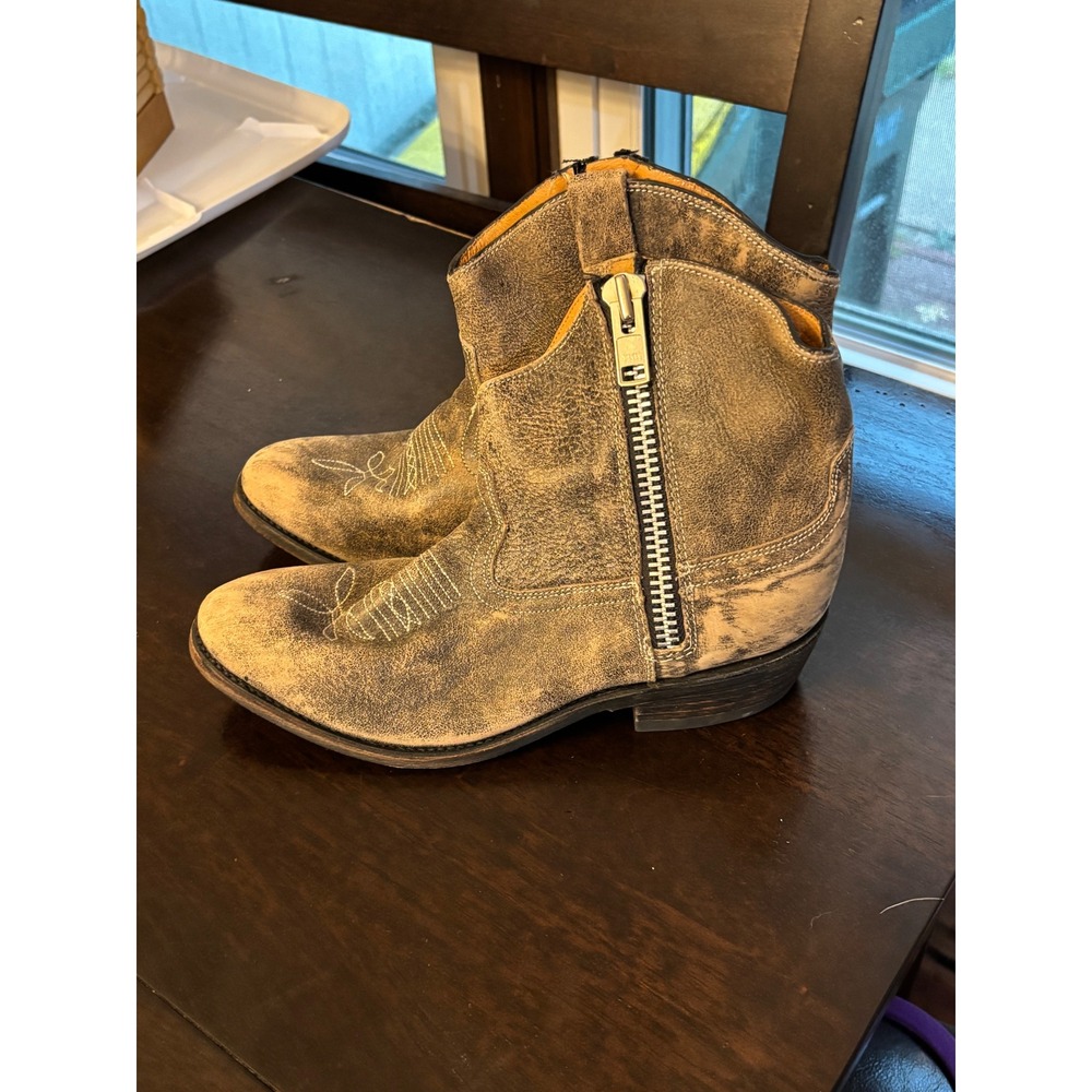Laura Lee Tari Distressed Tan Leather Western Ankle Boots EU 38 US 8 Side Zip